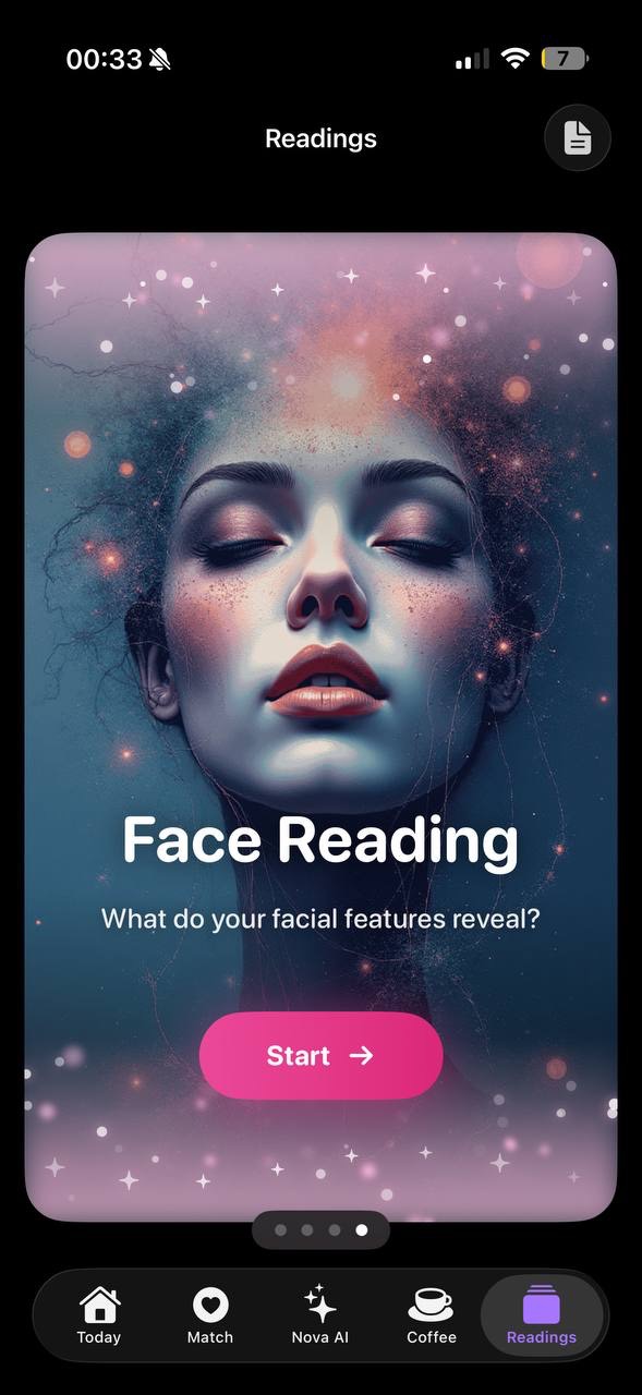 Face reading screen: a serene cosmic portrait surrounded by stars
