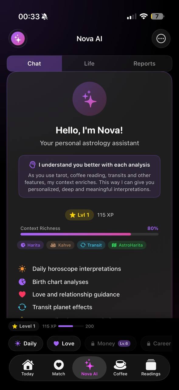 Nova assistant welcome screen with level, context richness, and reading topics