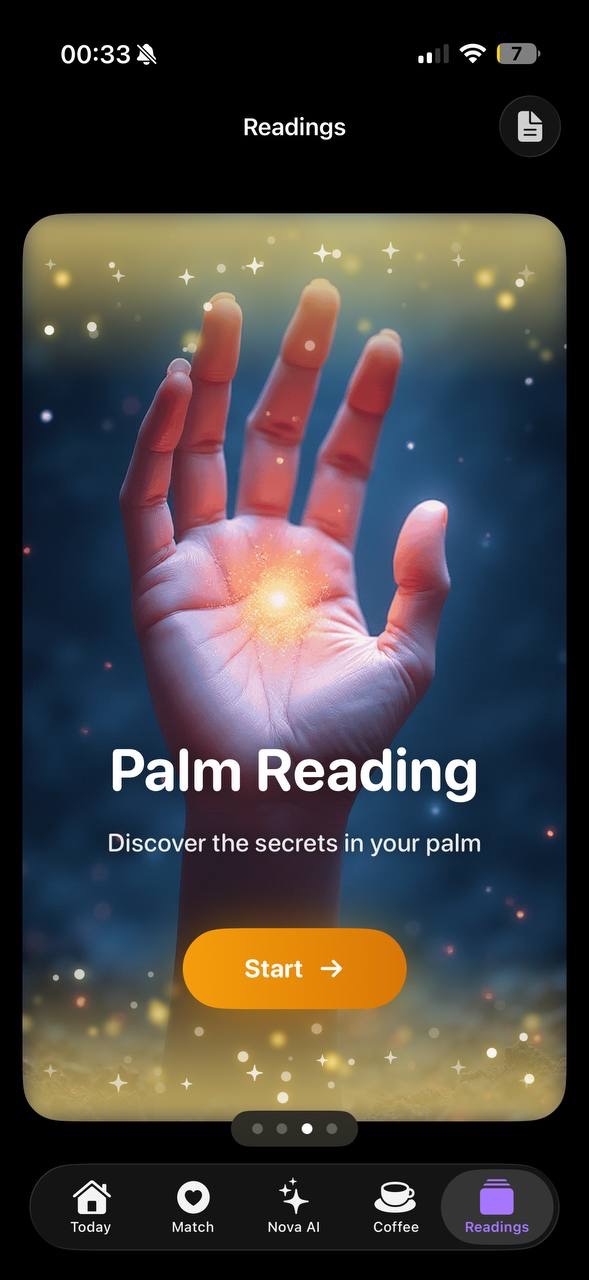 Palm reading screen: an open palm glowing with golden light