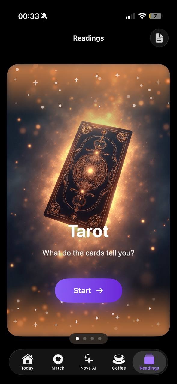 AstroNova tarot screen: an ornate tarot card glowing among golden sparks, ready to be drawn